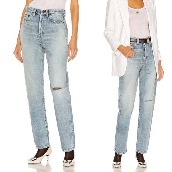 NWT Saint Laurent Slim Fit Denim Jeans Distressed Santa Monica Blue Faded Sz 28 - Picture 1 of 15